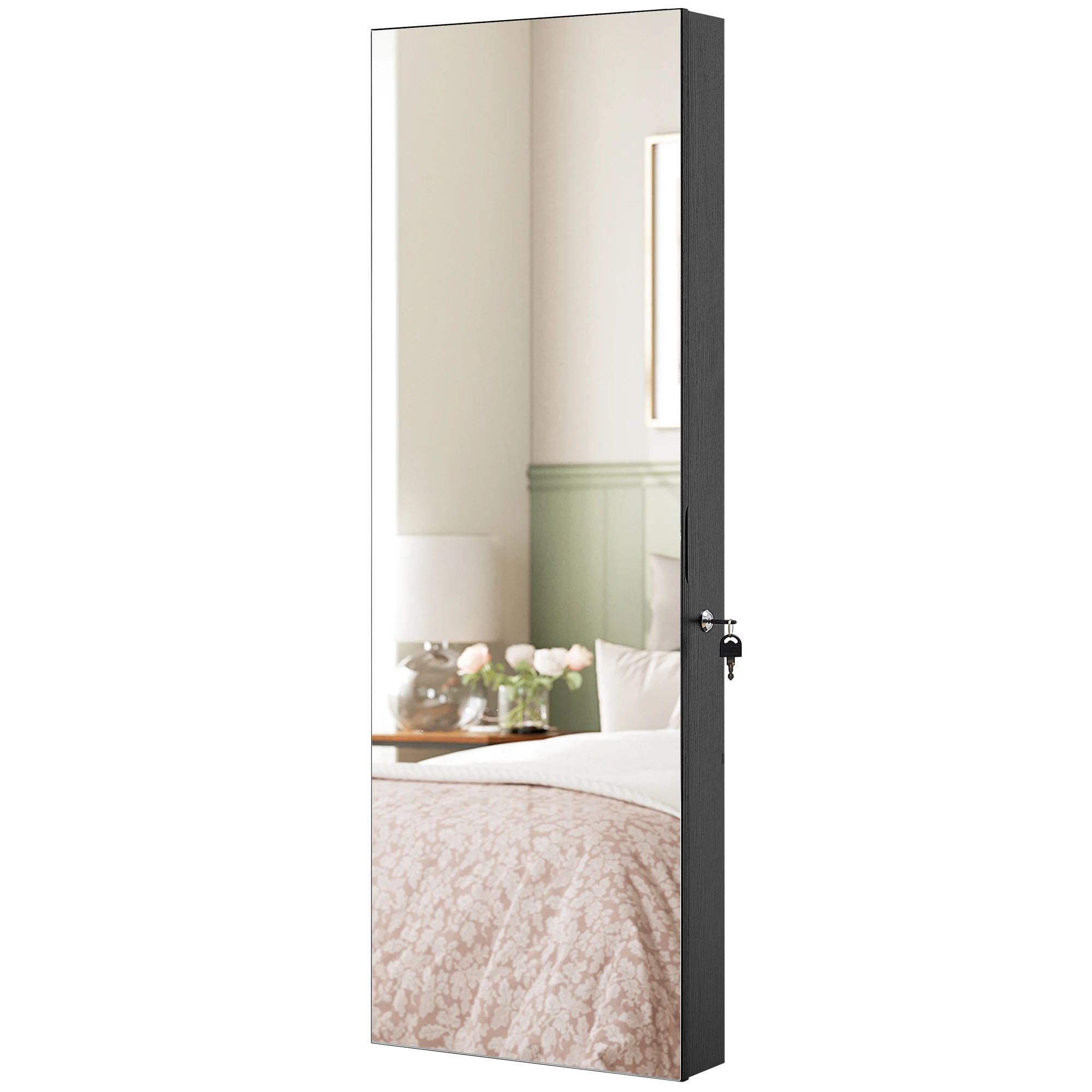 ארון אחסון תכשיטים נעילה עם מראה ללא מסגרת, ארון תכשיטים מונח על הקיר עם תאורת LED