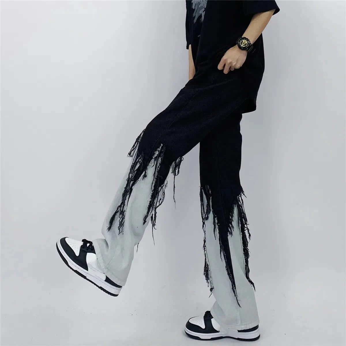 Men Jeans High Street Hip Hop Contrast Color Tassel Loose Fashion Japanese Streetwear Hippie Loose Casual Darkwear Patchwork 4