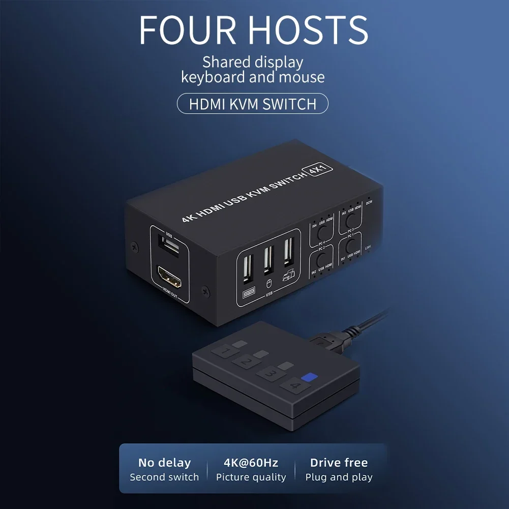 4K 60Hz 4X1 Switcher 4 Port USB HDMI KVM Switch Video Converter with Desktop Con