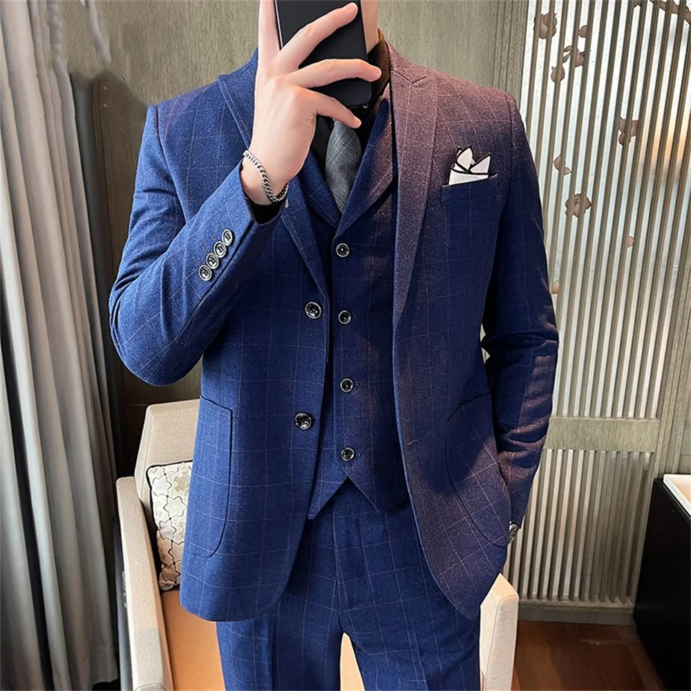 Elegant Male Suit 2023 New in Luxury Retro Plaid Business Mens Suit Jacket Vest Pants 3 Pieces Sets Wedding Party Formal Suits