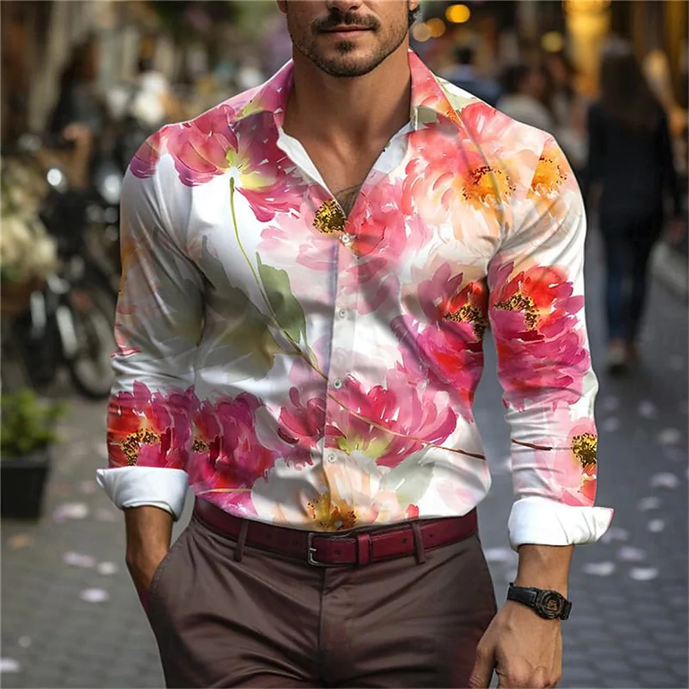 

2024 New men's casual 3D printed shirt for daily wear, spring lapel long sleeved button up rose pattern shirt for outdoor wear
