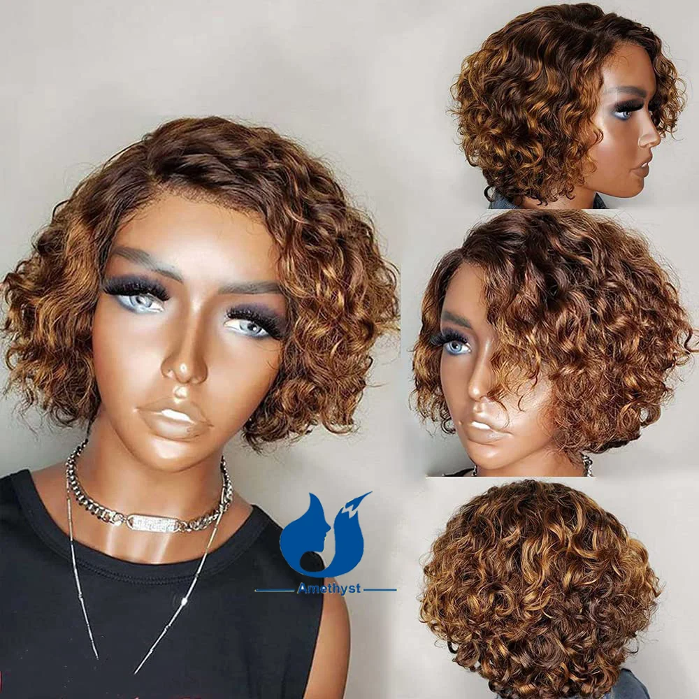 

Amethyst Short PiXie Cut Wig Human Hair Curly Bob Hilight 13x6 Deep Part Lace Frontal Wigs Remy Hair Blonde Ombre Pre Plucked