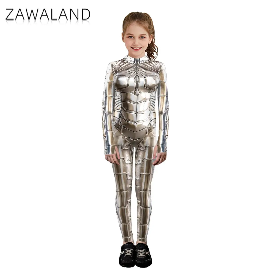 Zawaland Children Girls Cosplay Punk Robot Costume Printed Jumpsuit Suit Halloween Party Kids Clothes Festival Gifts Zentai