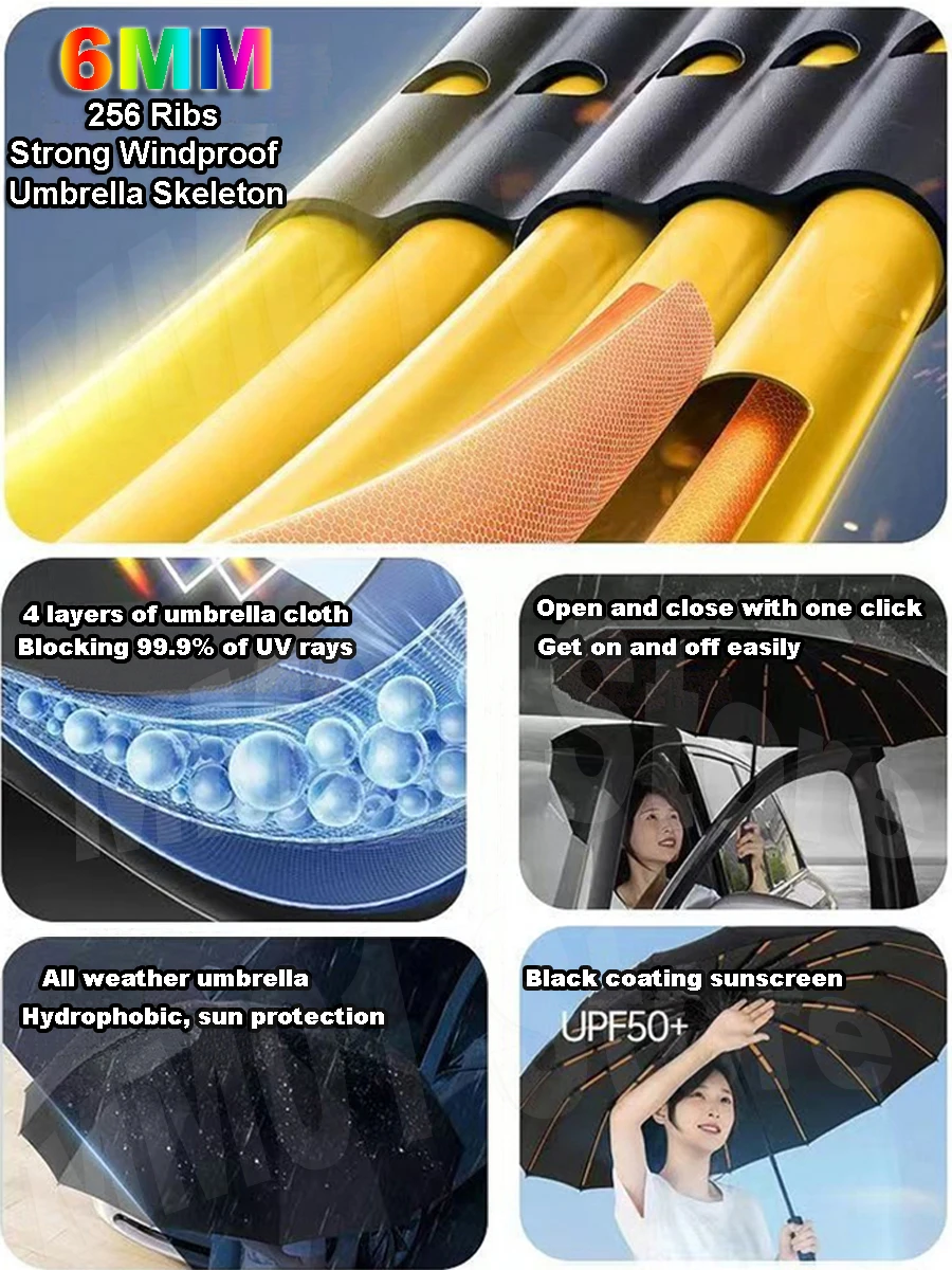 Folding Umbrella Automatic Umbrella Sun Umbrella 256 Bones Super Windproof Rain Umbrella Large Size Full Automatic Men Business Umbrellas Three Fold UV Protection Lady Sunshade
