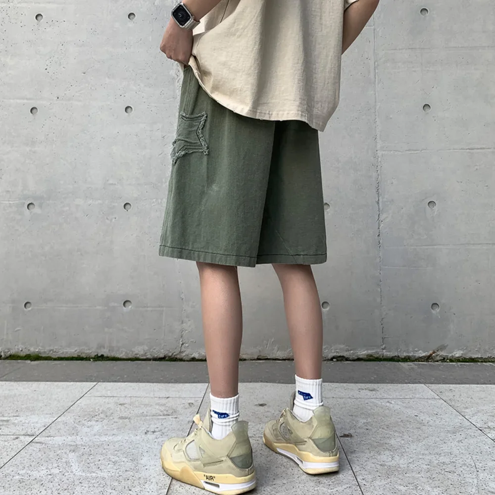 Star Patchwork Shorts for Men Vintage Denim Summer Short Pants All-match High Street Casual Streetwear Harajuku Oversized Shorts men jeans denim pants denim shorts summer jeans shorts