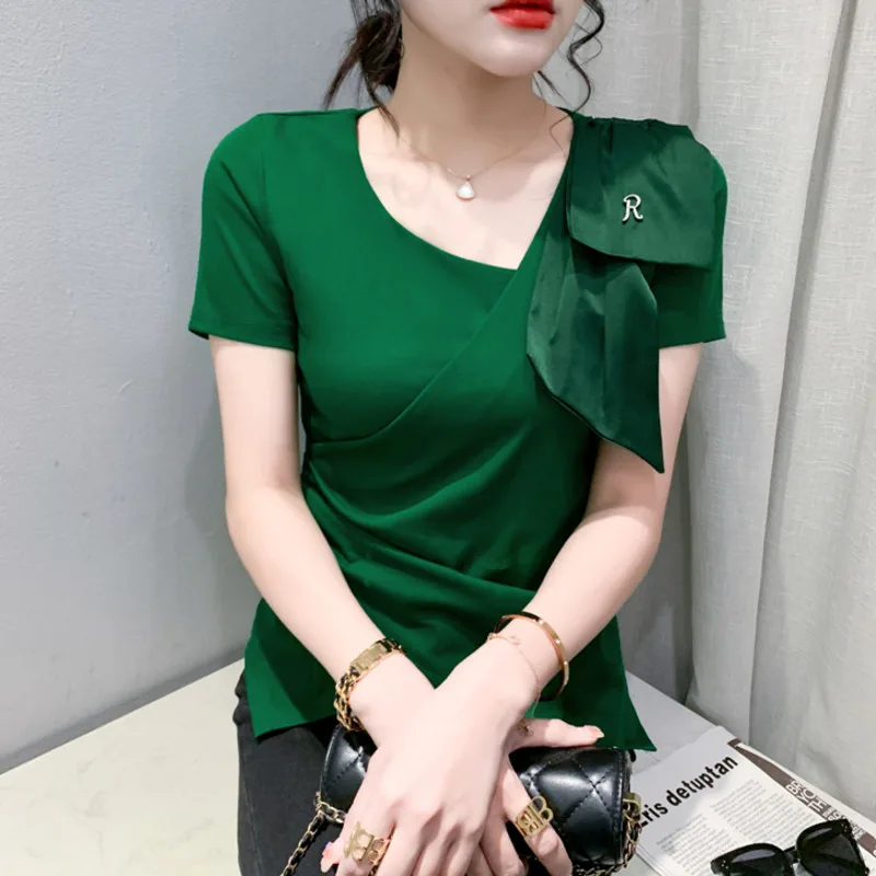 

#5427 Black White Green Irregular Short T Shirt Women Skew Collar Sexy Tight Streetwear T-shirt Short Sleeve Cotton Slim Folds