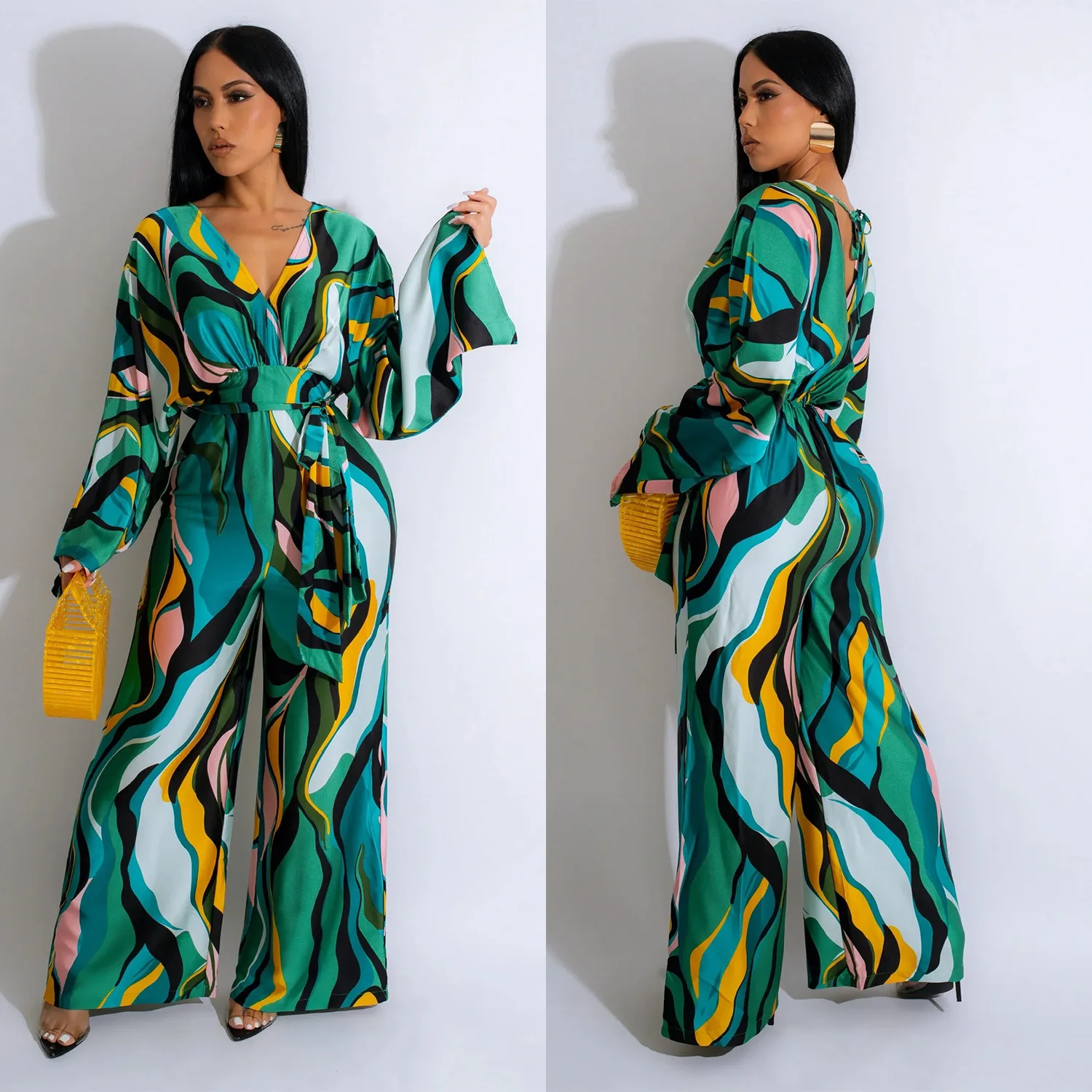 Fashion Women's Casual Printed Lace-Up Long Sleeve Wide Leg Jumpsuit