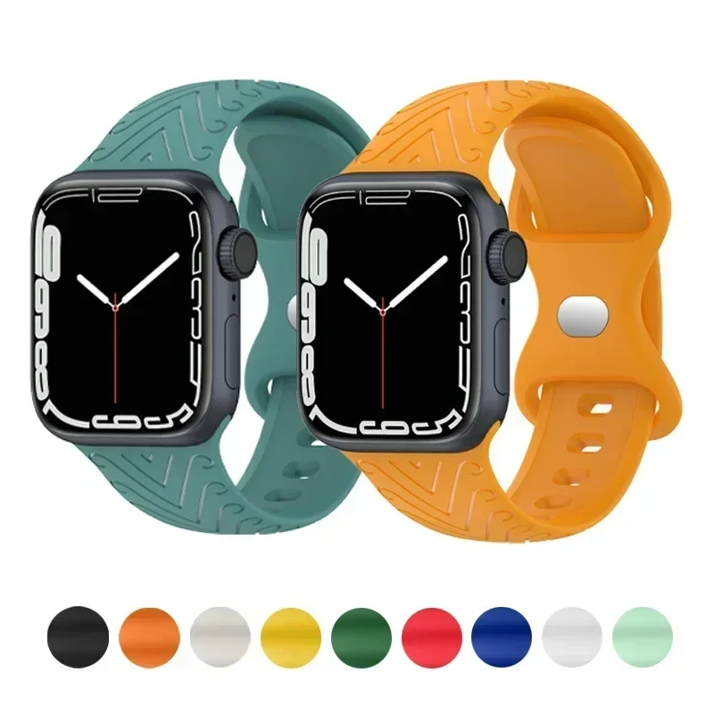 

Ремешок силиконовый для Apple Watch Band 44 мм 45 мм 41 мм 38 мм 49 мм, браслет с пряжкой-бабочкой и узором из овечьего рога для iWatch Series 9 7 8
