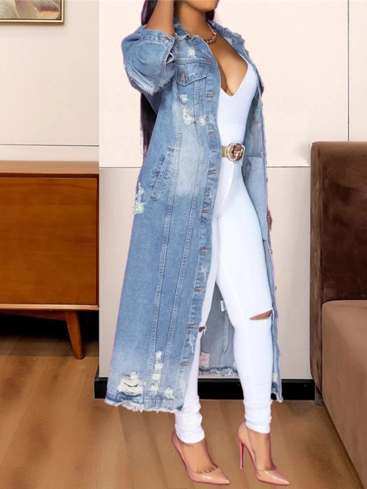Wmstar Denim Coat Women Wholesale New Button Down Washed Long Sleeved Jacket Mid Length Windbreaker Spring Autumn Europe America