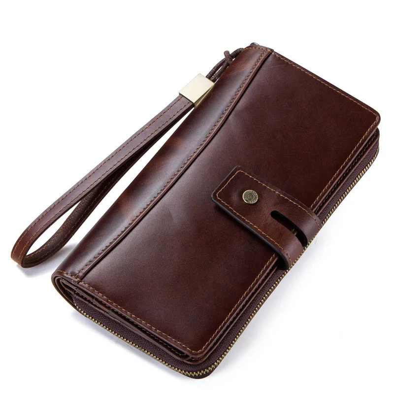 

New Europe and America Genuine Leather Men's Wallet Crazy Horse Leather Card Holder Long Wallets Zipper Purses Clutch Bags