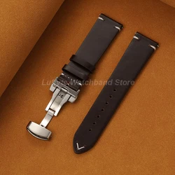 Men's Premium Oil Wax Leather Watch Band with Butterfly Buckle & Quick Release - 22mm (Dark Brown)