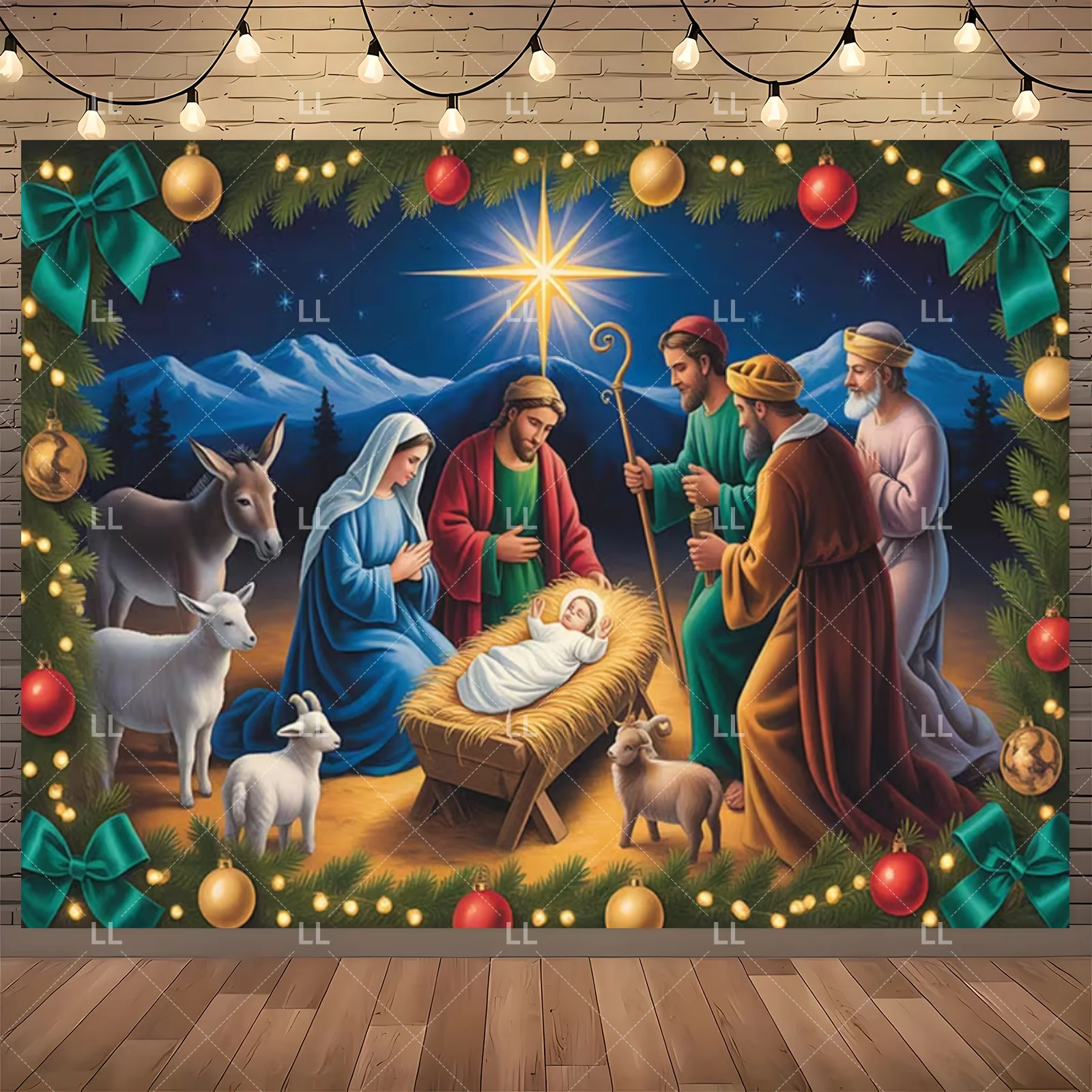 Starry Night Nativity Scene Backdrop - Traditional Christmas Party Decor and Photo Prop