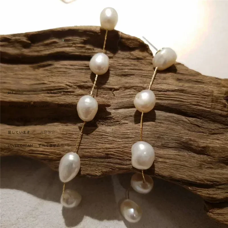 Natural Frashwater Pearl Long Tassel Earrings for Women Ladies Gold Color Chain Thread Drop Earrings Bridal Jewelry Gift pearl earrings drop earrings long earrings crystal tassel earrings