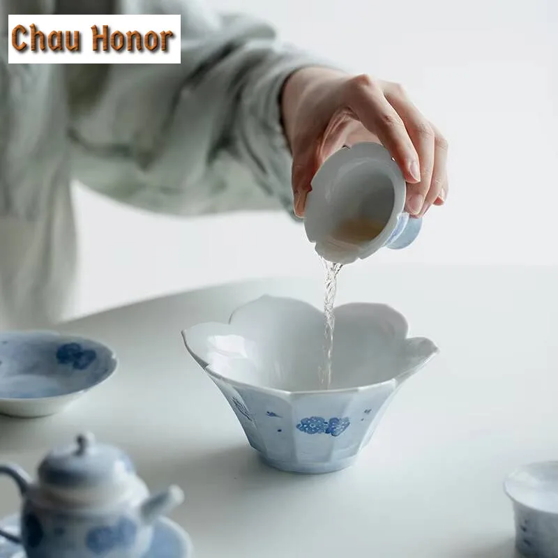 Pure Hand-painted Fog Blue Cherry Blossom Art Pot Bearing Creative Lotus Pot Inheriting Zen Ceramic Dry Bubble Table Fruit Plate