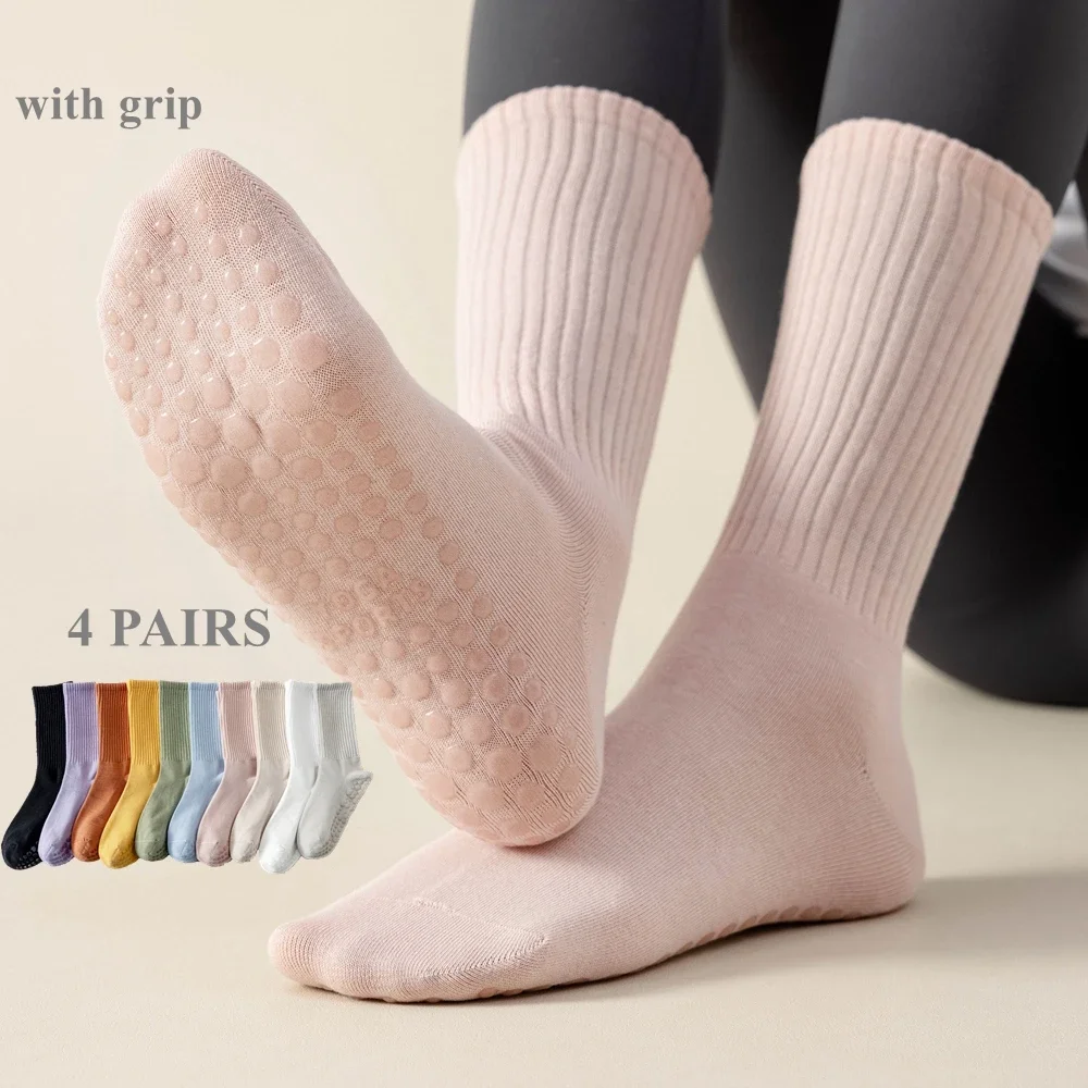 4 Pairs Yoga Socks with Grip Women Non-slip Pilates Socks Anti-slip High Quality Cotton Fitness Sports Athletic Socks Ladies
