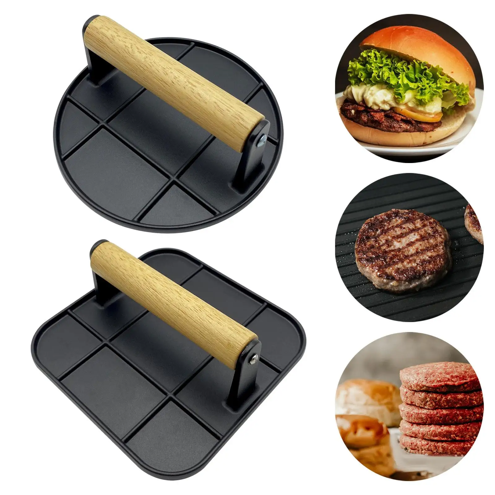 Burger Press Professional with Wooden Handle Griddle Accessories Nonstick Griddle Press for Beef Steaks Sandwich Cooking BBQ