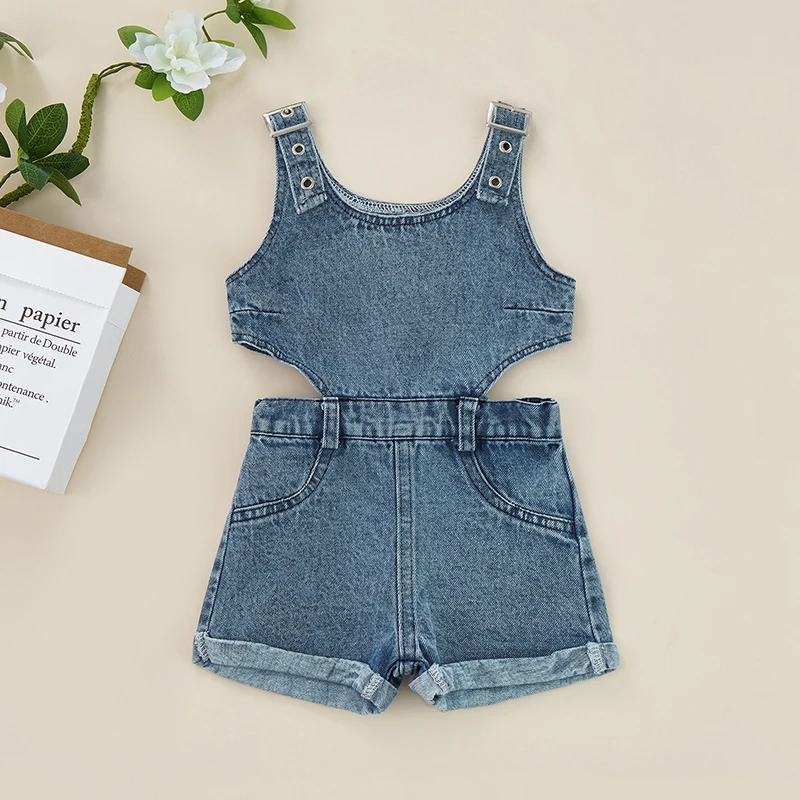 

0-4Y Summer Casual Kids Girls Denim Jumpsuits Shorts 2 Colors Sleeveless Solid Hollow Out Playsuits