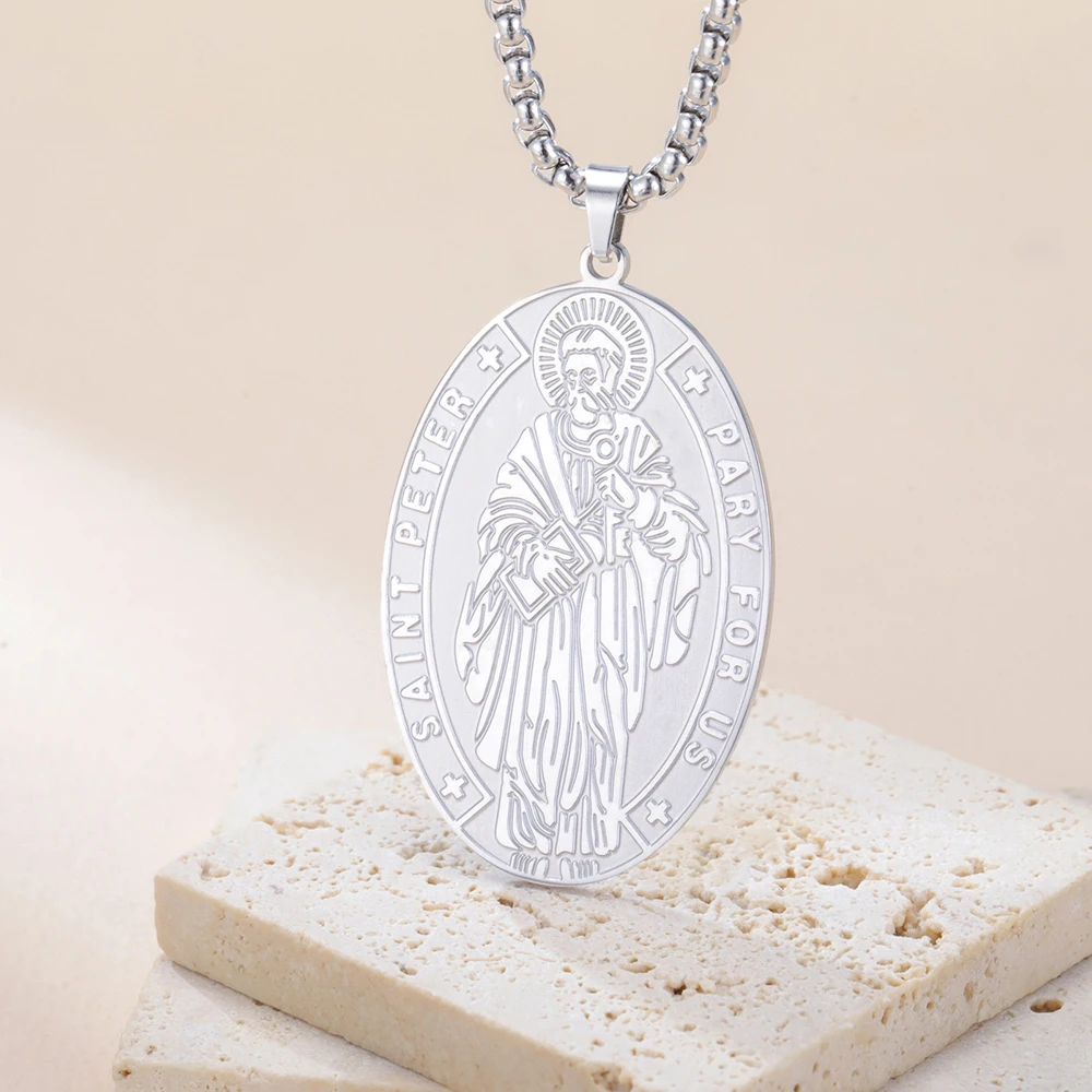 Dawapara Heilige Peter christliche Medaillon-Halskette, religiöser Anhänger, Schutzpatron der Fischer, Taufe, Geschenk, Edelstahl-Schmuck – Detail 9