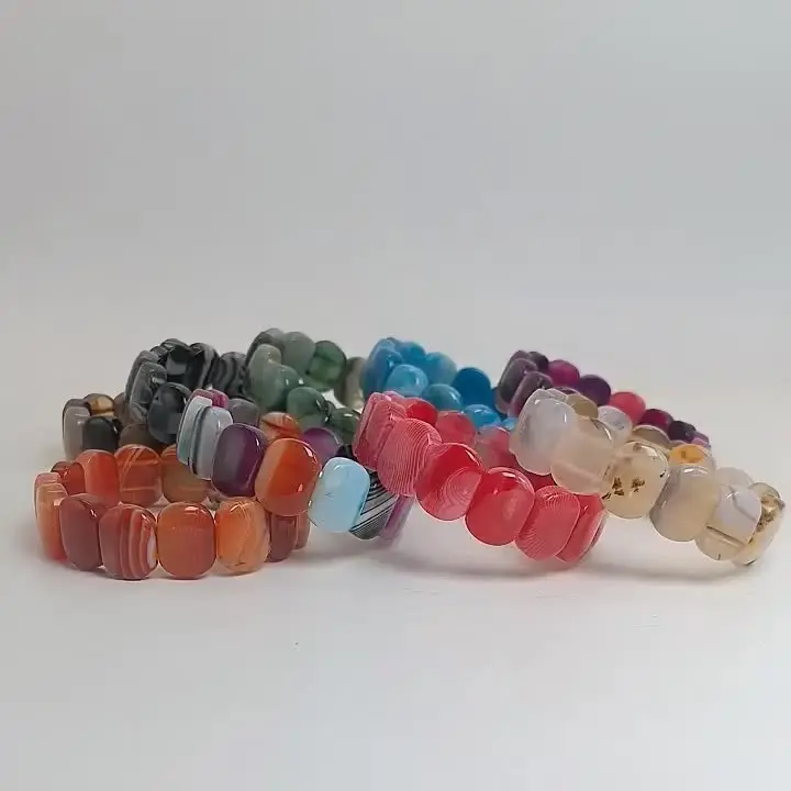 Браслет из агата 14x18 мм Квадратные бусины шелковые радужные полосы женский