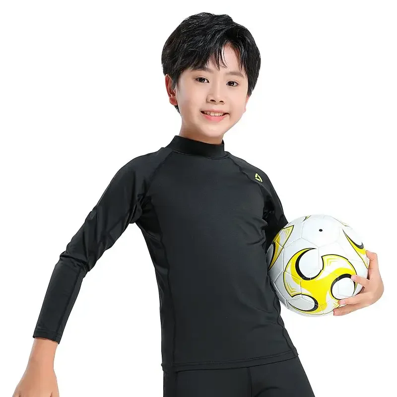 Children Sports Compression Shirts Boys Long-Sleeved Base T Shirt Fitness Quick-Drying Training Top Fleece Base Shirt Undershirt