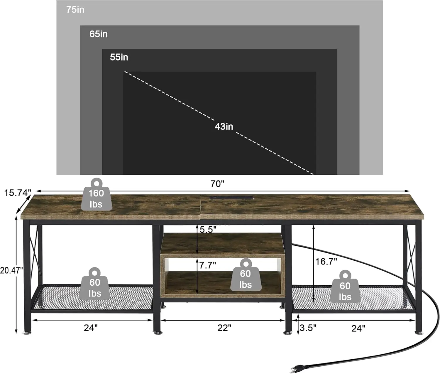 TV Stand with Power Outlets for 75" TVs, 70" Industrial Entertainment Center with Charging Station, 3-Tier Shelves – Brown