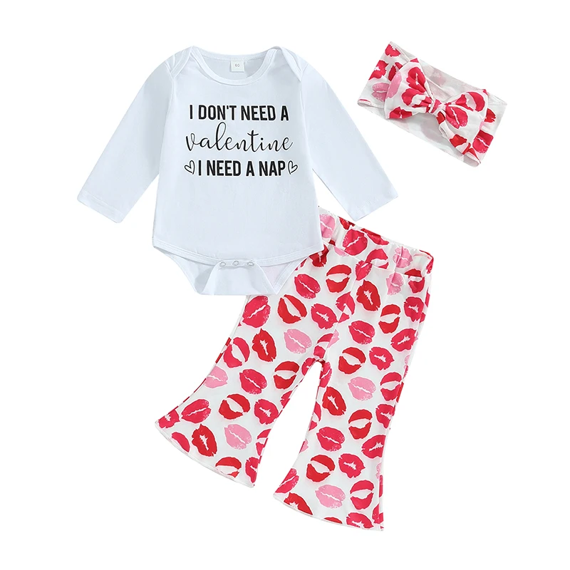 

0-18M Baby Girls Valentine’s Day Outfits Long Sleeve Romper + Lips Print Flare Pants + Headband Set Infant Newborn Clothes