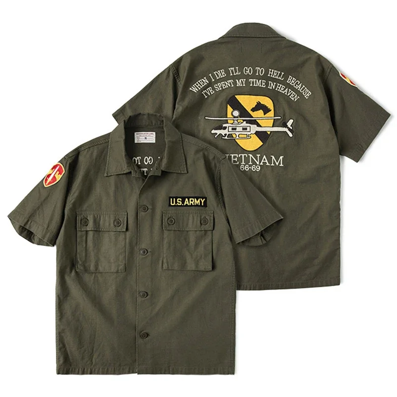 Vietnam Veteran Long Sleeve Denim Shirt – Men's 100% Cotton Embroidered Military Button-Front