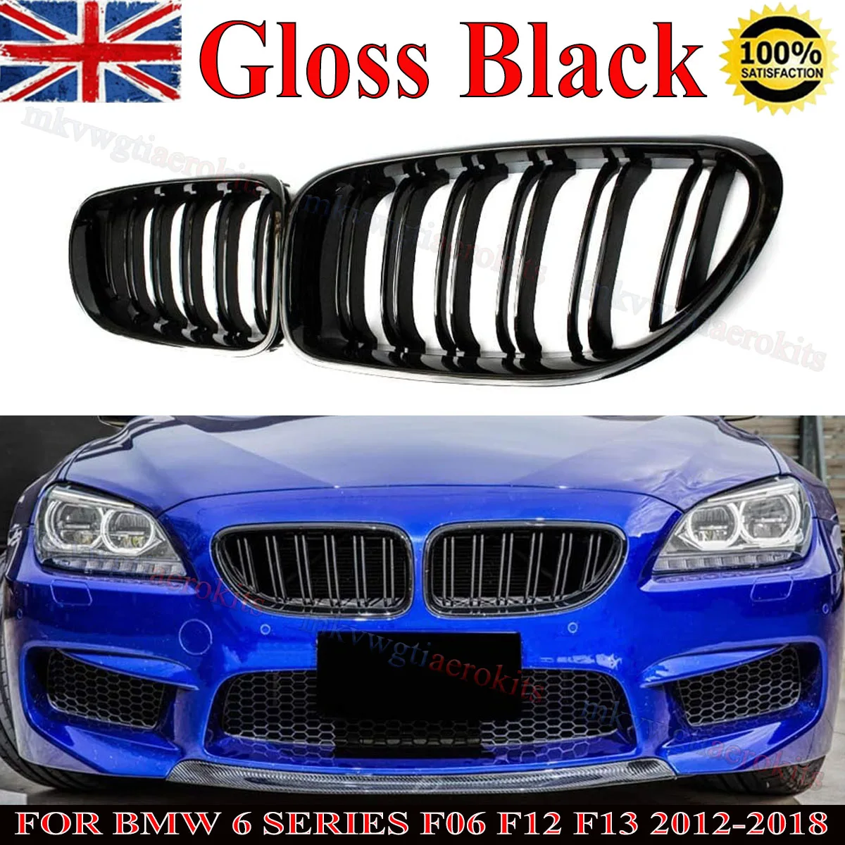 For BMW 6 Series F12 Bumper Grill F13 F06 M6 Gloss Black Dual Line M Look Front Kidney Grille