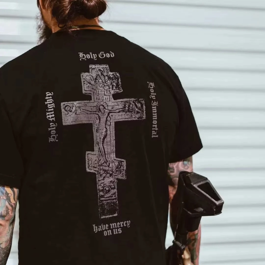 T-Shirt mit christlichem Kreuz-Motiv | Vintage Militär-Streetwear-T-Shirt, Glaubensbasiertes Kurzarm-Oberteil für Männer