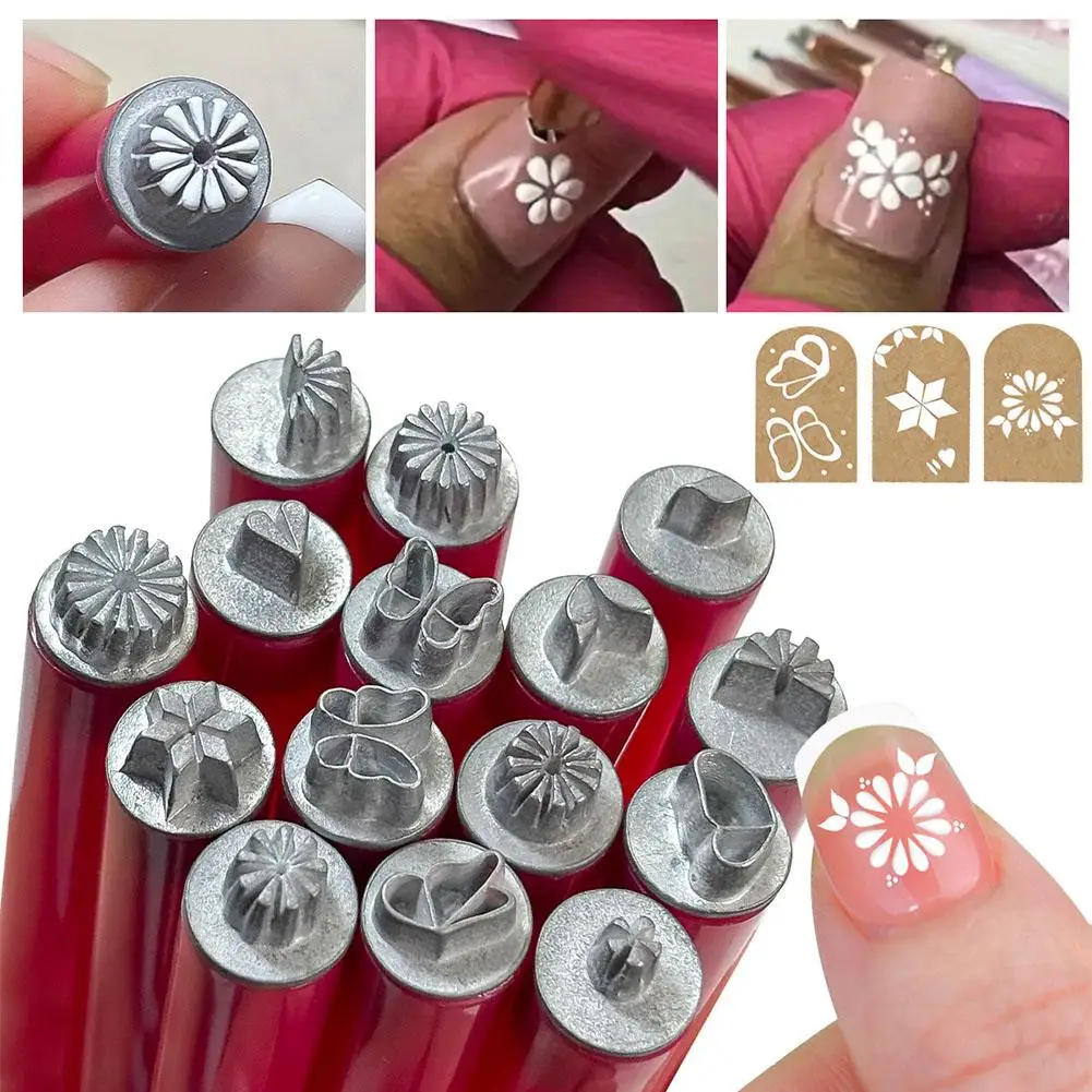 6/10/15pcs Metal Nail Art Stamp Pen Daisy Butterfly Nail Stamp Handicraft Leaf Nail Flower Star Dotting Art Heart Tools Hot Sale 2