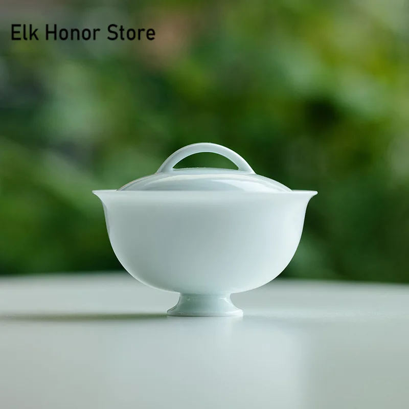 110ml Boutique Misty Blue Ceramic Tea Tureen Chiense Consensus Tea Bowl with Lid Circular Soaking Gaiwan Kung Fu Teaset Gift