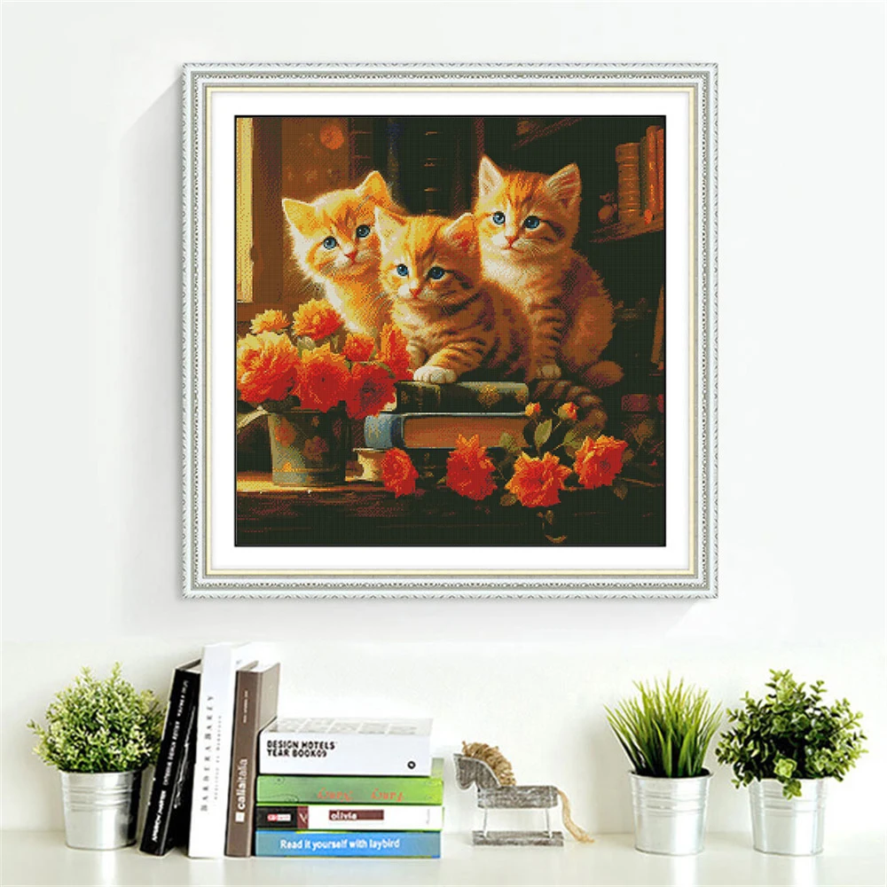 Embroidery Kits Cat Animal Cross Stitch Flower DMC Threads Printed Canvas Needlework Painting Home Decoration DIY Gift