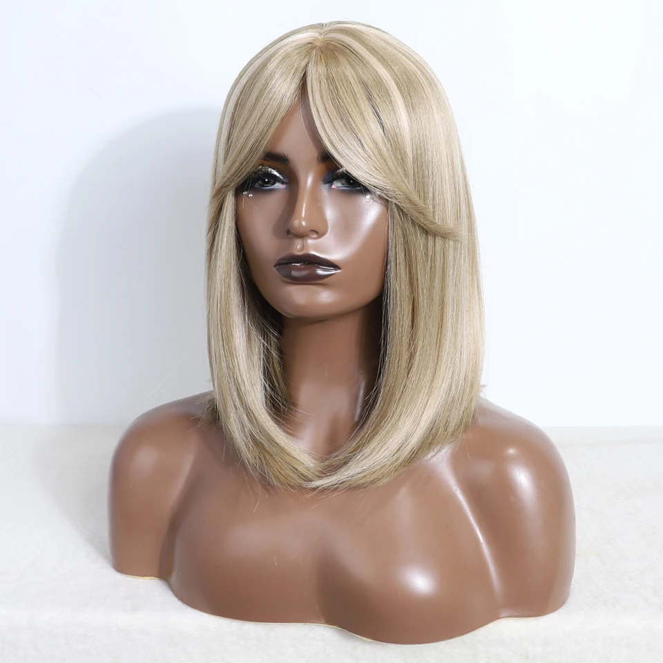 Synthetic Wig Synthetic Middle Straight Bob Wigs with Bangs Light Blonde Natural Hair for Women Daily Cosplay Heat Resistant Fiber