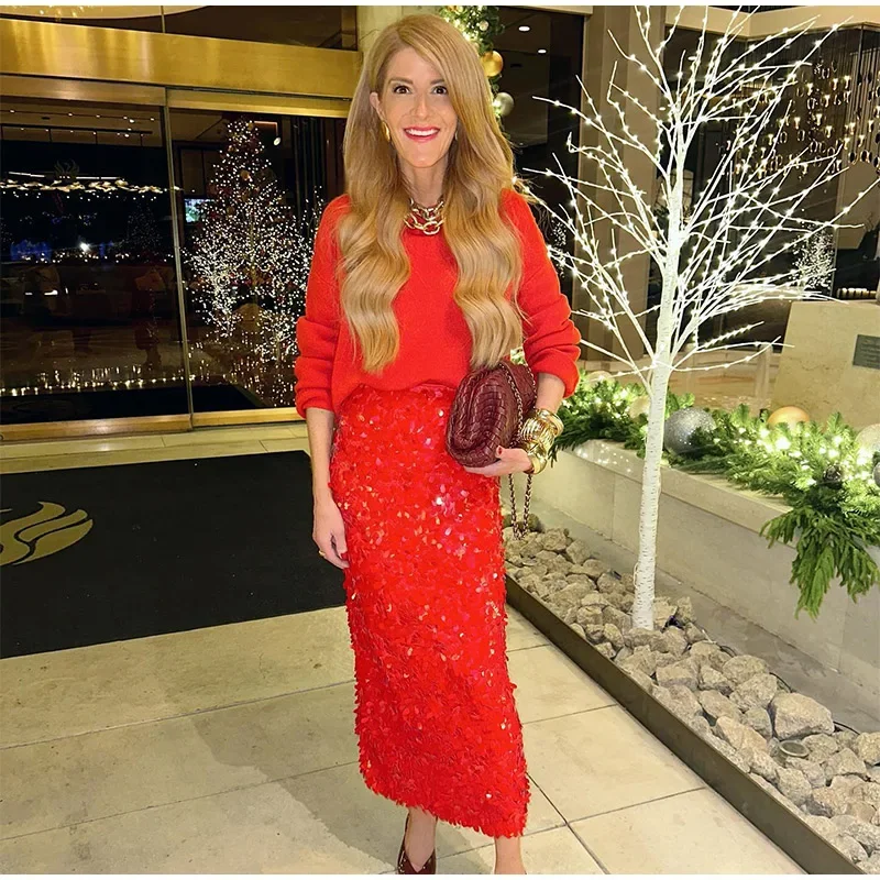 Sequins Red Christmas Sequin Skirts For Women Shiny Split Loose High Waist Straight Skirt 2025 Spring Party Y2K Streetwear New