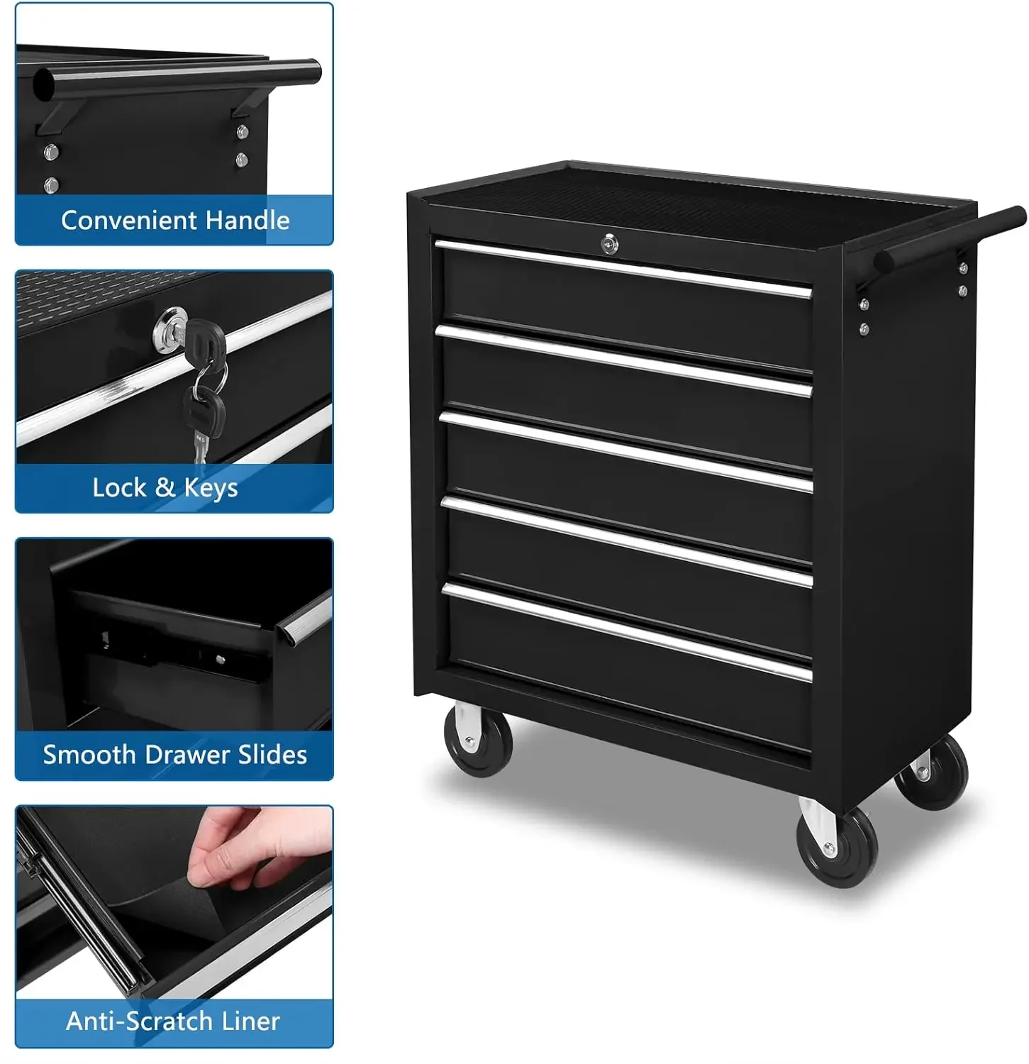 5-Drawer Rolling Tool Chest w/Lock & Key, Tool Storage Cabinet with Wheels, Top Cushion & Drawer Liners, Tool Organizer 4