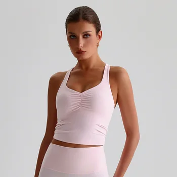 Solid Color Sports Tank Top Women Fitness Bra TightsCross Back Gym Clothe Underwear Yoga Vest High impact shockproof Chest Pad 1