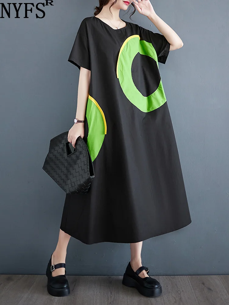 

Женское офисное платье в стиле пэчворк, Свободное длинное платье с коротким рукавом, лето 2023