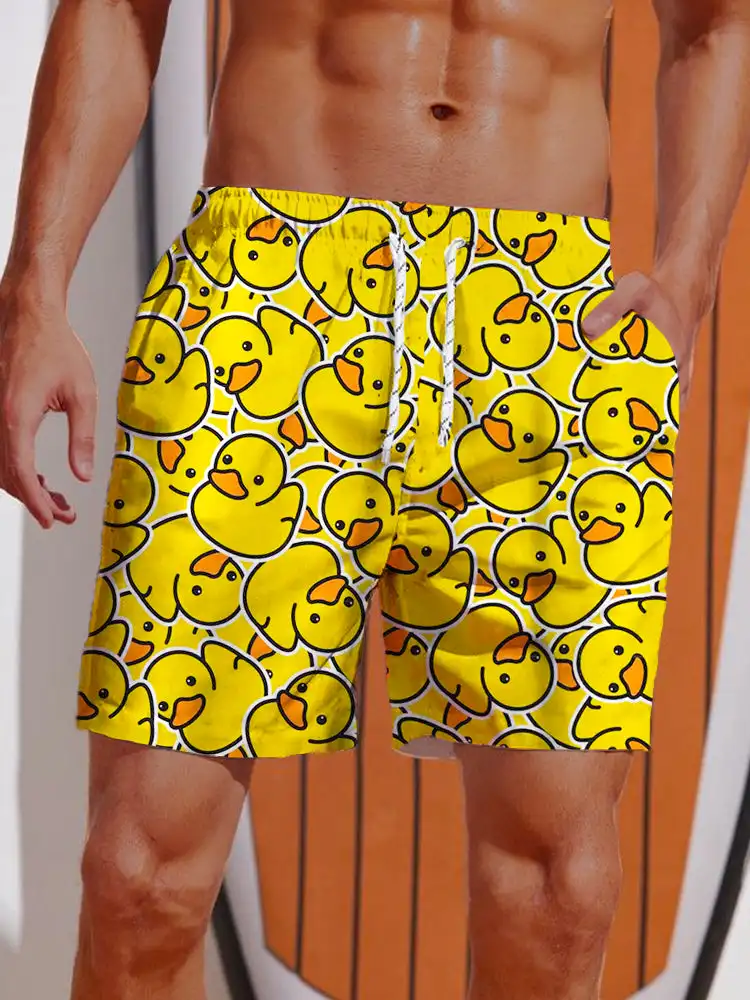 thumbnail image 1 of Pantalones cortos con estampado de pato amarillo hawaiano para hombre, bañadores para hombre, cintura elástica, estampado 3D, degradado, transpirables, ropa de calle corta de poliéster, 1 of 4