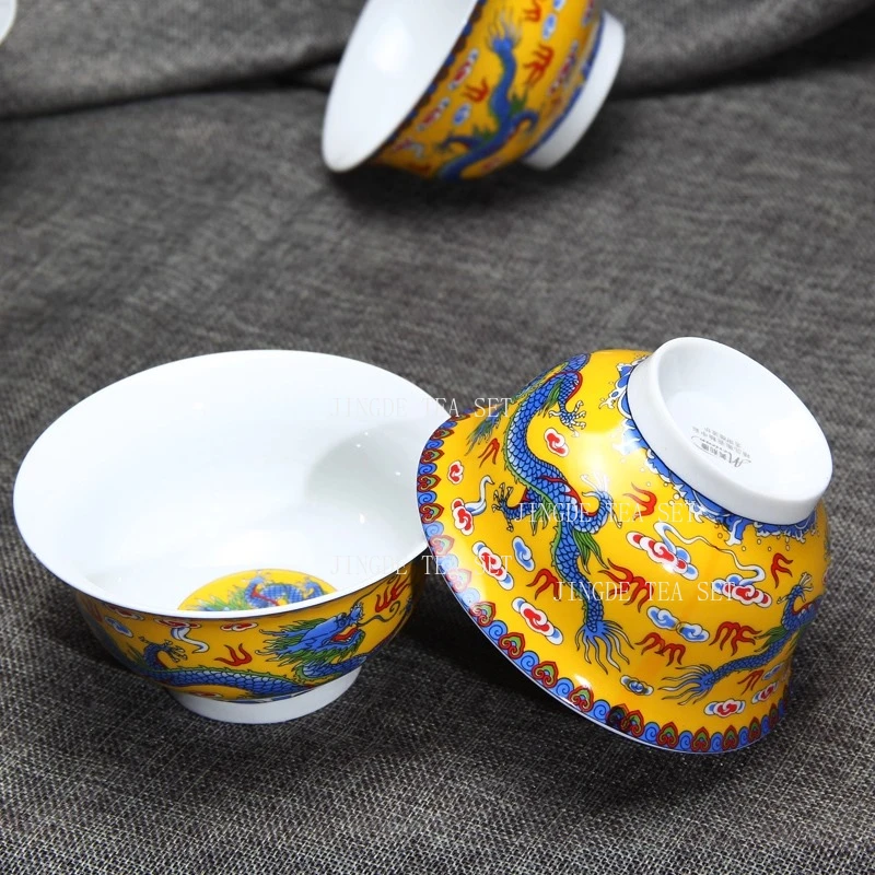 Jingdezhen Ceramic Tea Cup Household Dragon Bowl Colorful Yellow Dragon Patterned Rice Bowl Chinese Style Tea Cup