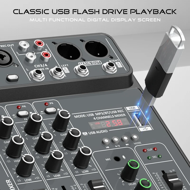 Audio Mixer 4 channel Dj Mixing Console Bluetooth 48V Phantom Power Monitor Karaoke Systeem Usb