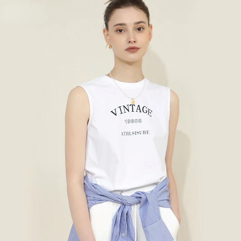 Summer Sleeveless T shirt for Women Underlay Top Letter Small Round