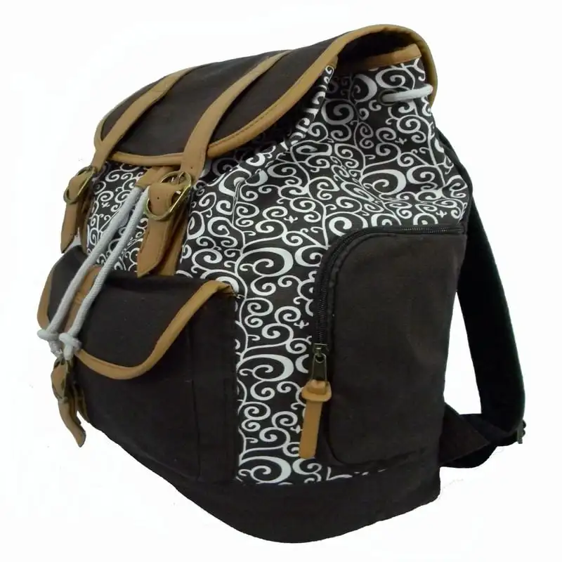 

Unisex Canvas Printed Laptop Backpack in Black/Grey with Brown Trim