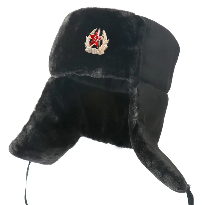 

Men's Winter Soviet Badge Lei Feng Hats Russian Hat Outdoor Warm Thicken Faux Rabbit Fur Windproof Snow Caps faux fur hat