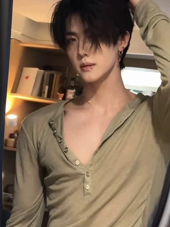 고탄성 헨리 셔츠 남성용 타이트핏 긴팔 경량 메쉬 커버업 티셔츠 통기성 청년 패션 봄 여름 가을
