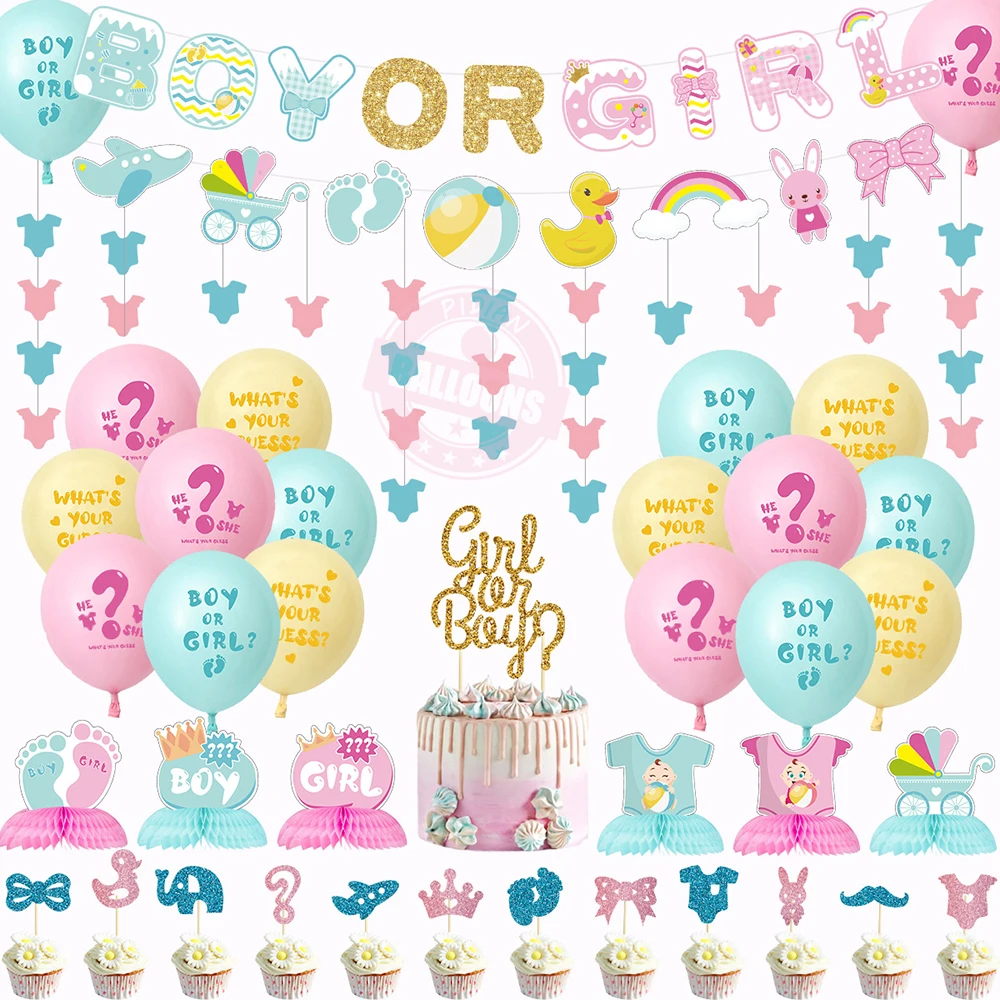 

Product Gender Revealed Theme Baby Party Background Decoration Letter Flag Cake Arrangement Flag Balloons Honeycomb Decor