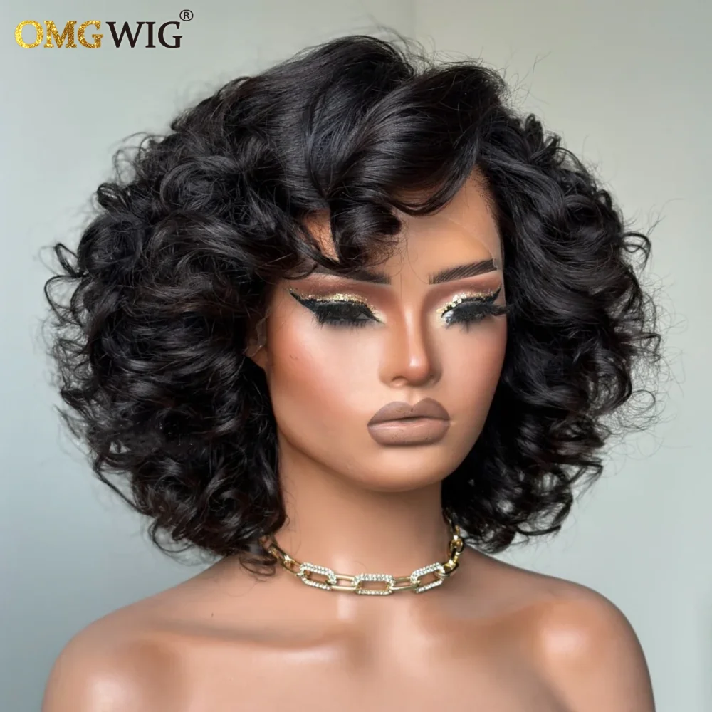 360 Lace Wear & Go Fluffy Rose Curly Wig For Black Women 5x7 Glueless Lace Side Part Short Bob Curly Human Hair Wig Brazilian