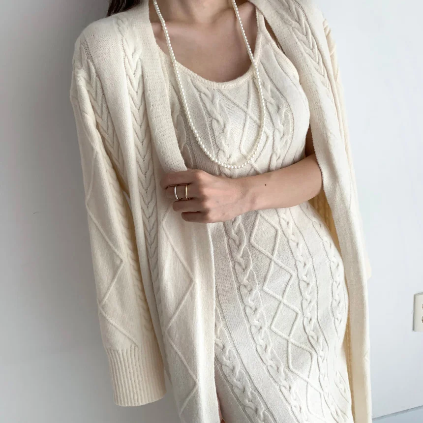 Elegant Fall Winter Thick Knitted 2 Piece Set Women Twist Long Cardigan Sweater Coat +Sleeveless Long Dress Suit Ensemble Femme