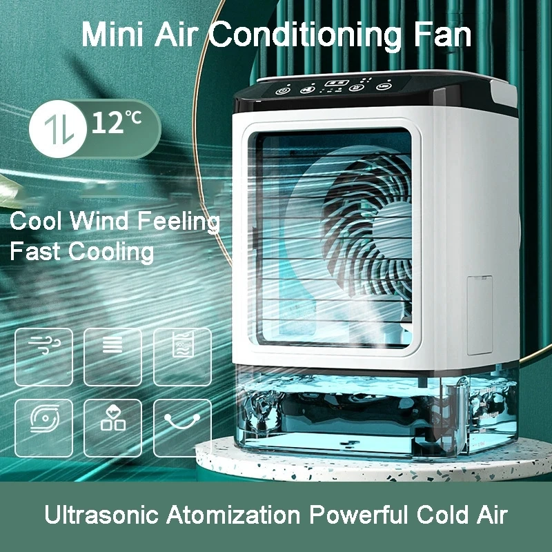 

Desktop Air Conditioner Portable Fan Dual Spray Ultrasonic Atomization 3-Speed Mute Air Cooler Night Light Electric Fan for Home