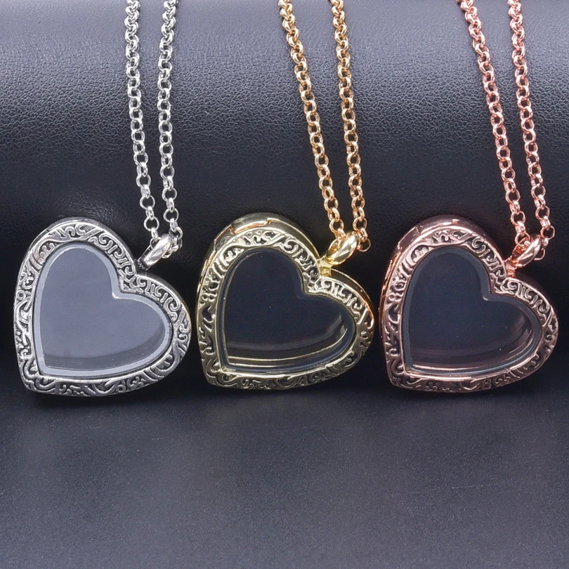 

10Pcs/Lot Mix Colors Vintage Carved Heart Glass Locket Pendant Necklaces For Women Girl Clavicle Chain Sweet Love Gift Jewelry