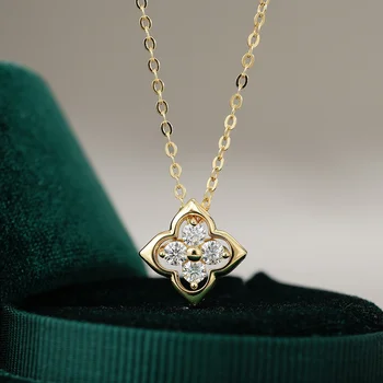 D color 0.4CT Moissanite sterling silver S925 necklace, 14K gold plated four-leaf clover pendant